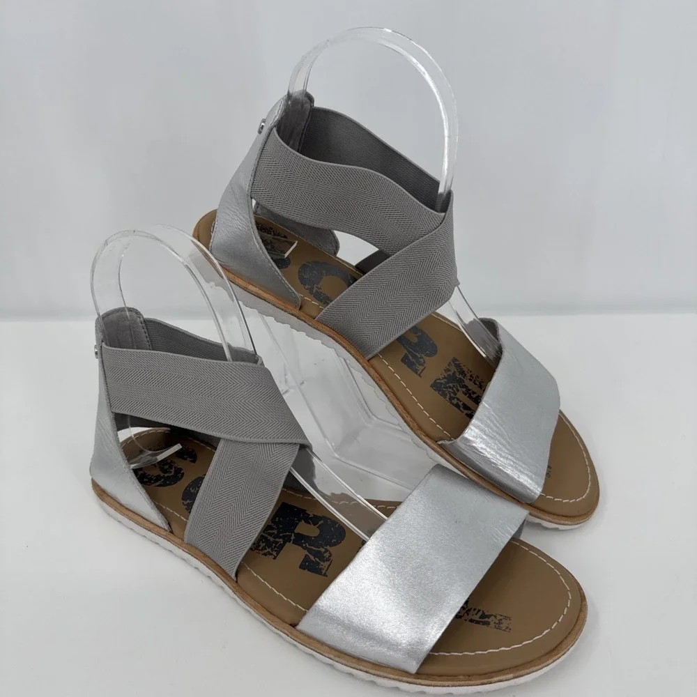 Sorel Ella Women's Sandals Metallic Leather Crisscross Flat 7.5 Comfort Shoes